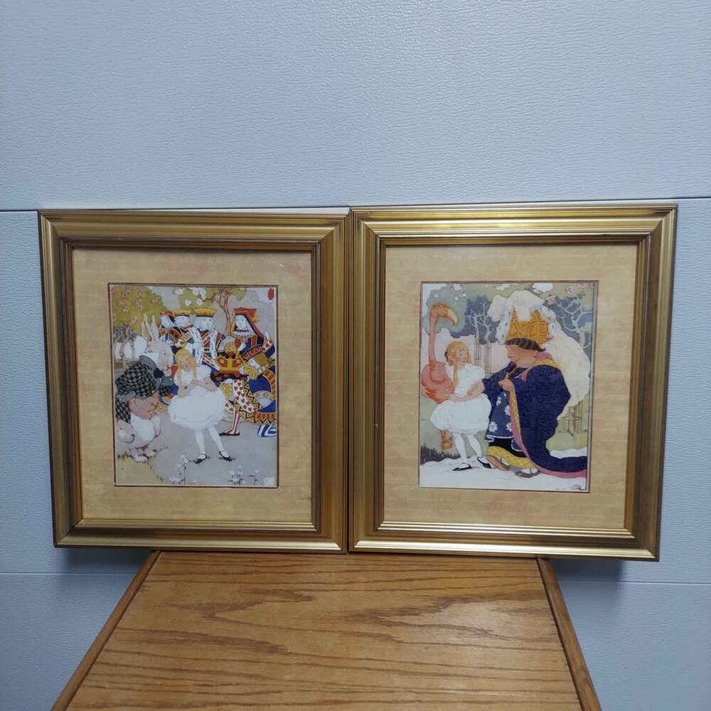 Alice's Adventures In Wonderland (1923) Lippincott Prints, Gold Frames 15"x17.5"